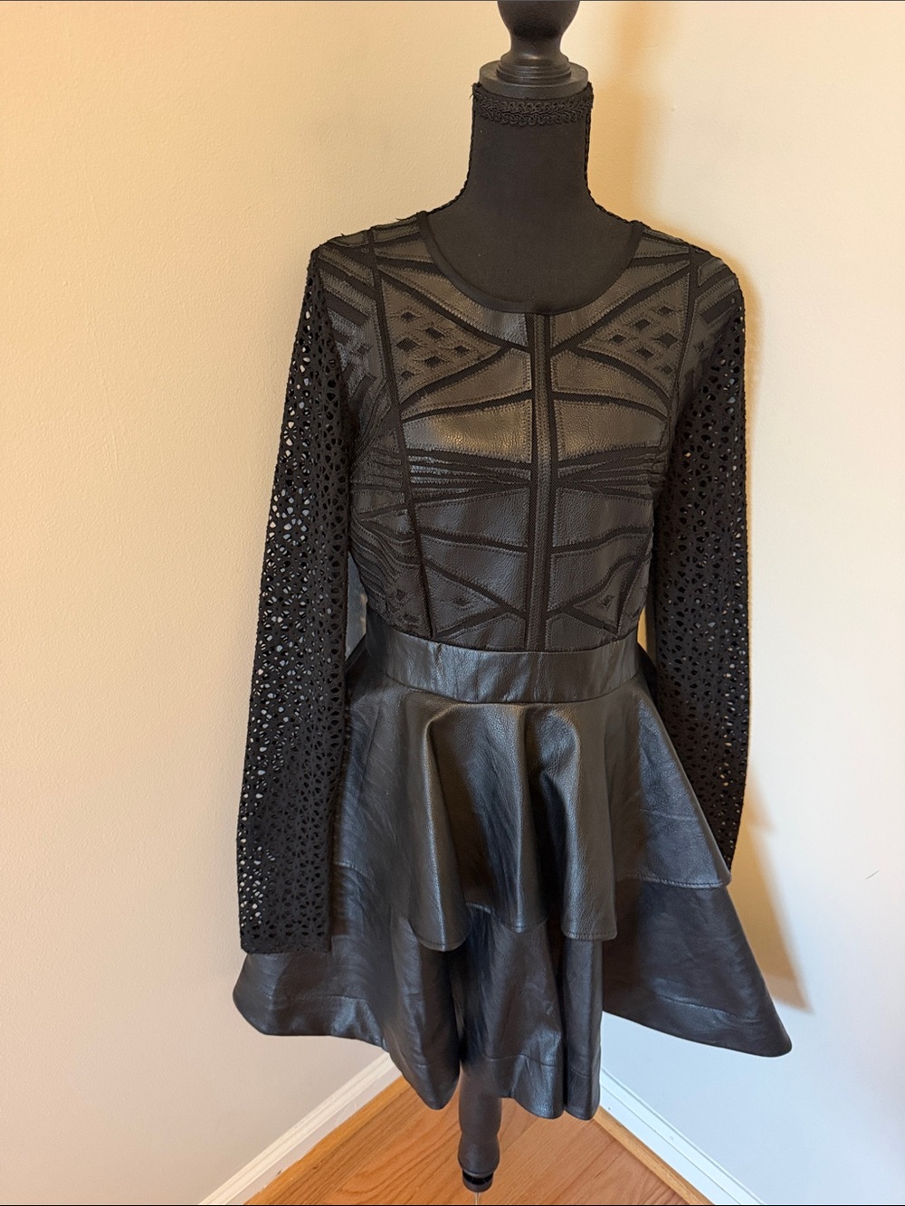 Black Long-Sleeve Faux Leather Peplum Dress with Sheer Bodice